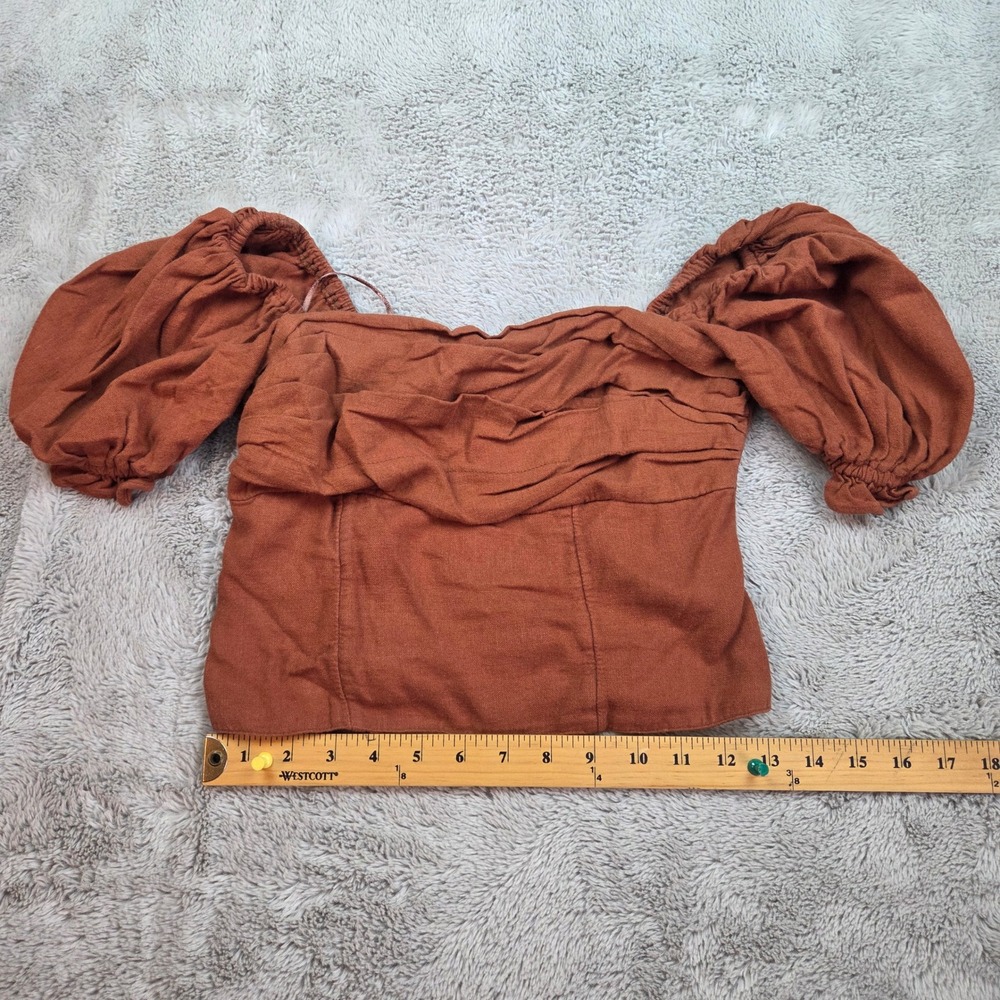 Abercrombie & Fitch Linen Puff Sleeve Crop Top Womens XS Smocked Back Rust Brown